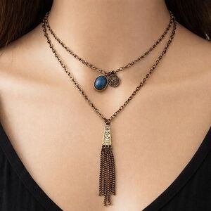 Vintage Forever 21 Bohemian Two‑Layer Gold Necklace — Blue Stone, Tassel Pendant